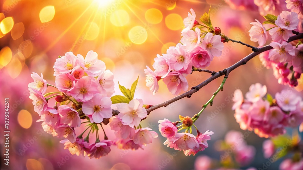 Obraz premium Captivating Pink Cherry Blossom Blooms Bathed in Golden Spring Sunlight, Showcasing Nature's Beauty in a Serene Landscape with Perfect Rule of Thirds Composition