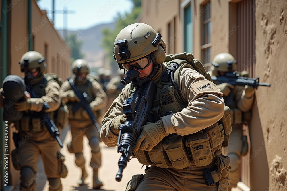 Armed tactical team in urban training exercise with full gear and weapons Armed tactical team in urban training exercise with full gear and weapons