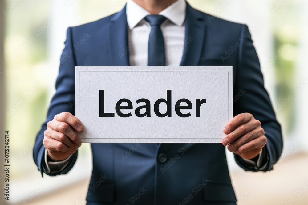 A confident leader holding a sign labeled 'Leader', representing leadership and authority in a professional setting. A confident leader holding a sign labeled 'Leader', representing leadership and authority in a professional setting.