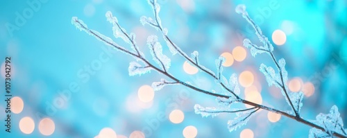 Ice-covered tree branches illuminated by soft blue ambient light, cold and tranquil winter detail, serene composition