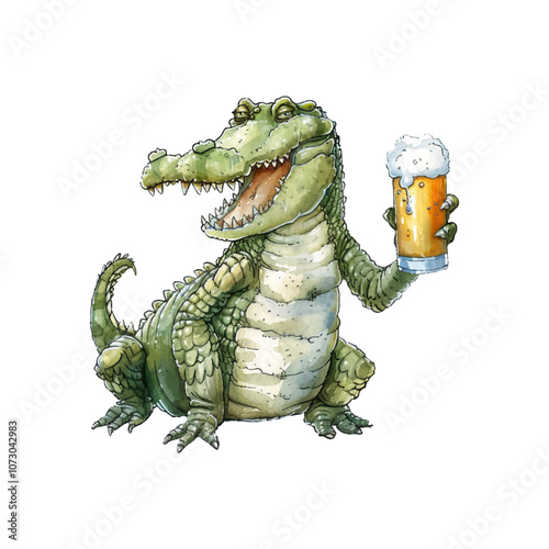 crocodile chillin with beer vector illustration in watercolor style