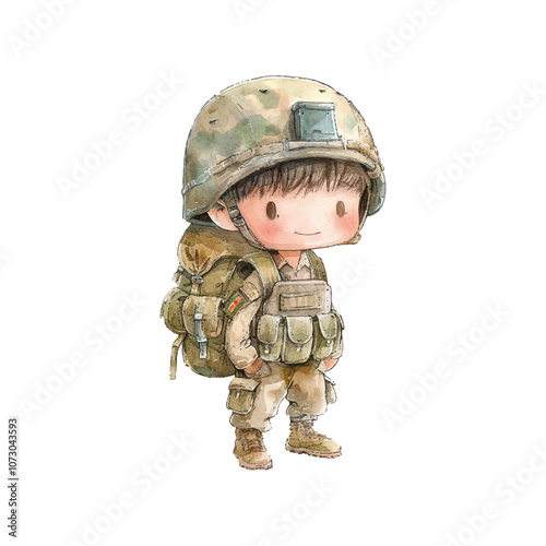 cute kid army vector illustration in watercolor style