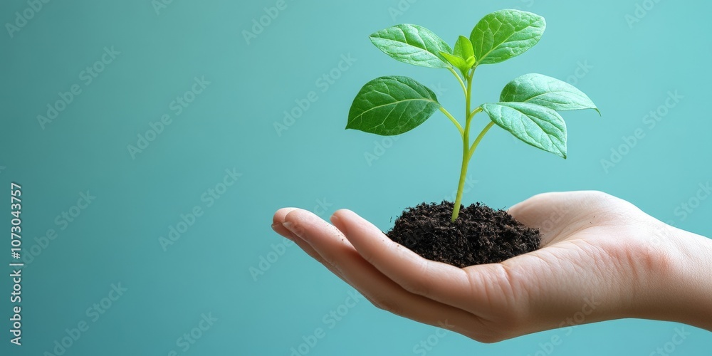 Young Green Plant Growing in Hand with Soil on Light Blue Background Representing Care for Nature and Sustainable Growth in Environmental Awareness and Education Young Green Plant Growing in Hand with Soil on Light Blue Background Representing Care for Nature and Sustainable Growth in Environmental Awareness and Education
