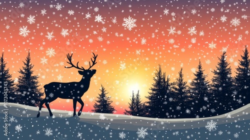 Silhouette of a deer in a snowy forest at sunset.