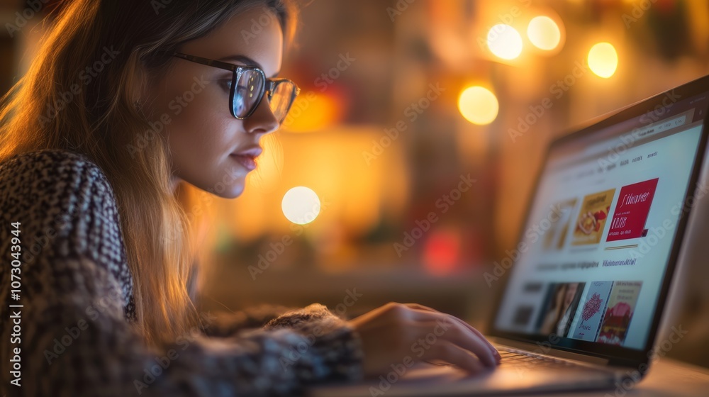 Focused young woman wearing glasses using laptop for online shopping at night in a cozy warm toned environment, browsing an e commerce website Focused young woman wearing glasses using laptop for online shopping at night in a cozy warm toned environment, browsing an e commerce website
