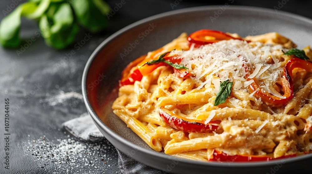 Delectable Meatless Italian Penne Alfredo with Roasted Bell Peppers and Parmesan Delectable Meatless Italian Penne Alfredo with Roasted Bell Peppers and Parmesan