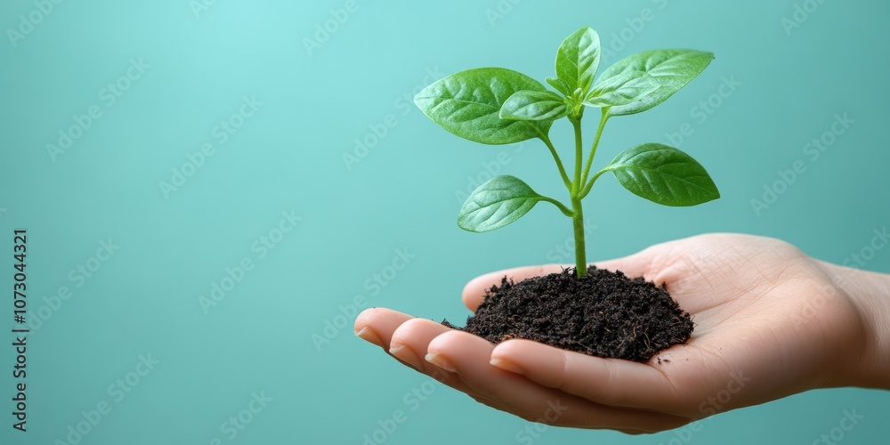 Fresh Green Plant Growing in Hand with Soil, Symbolizing Nurturing, Growth, and Environmental Sustainability Against a Soft Turquoise Background Fresh Green Plant Growing in Hand with Soil, Symbolizing Nurturing, Growth, and Environmental Sustainability Against a Soft Turquoise Background