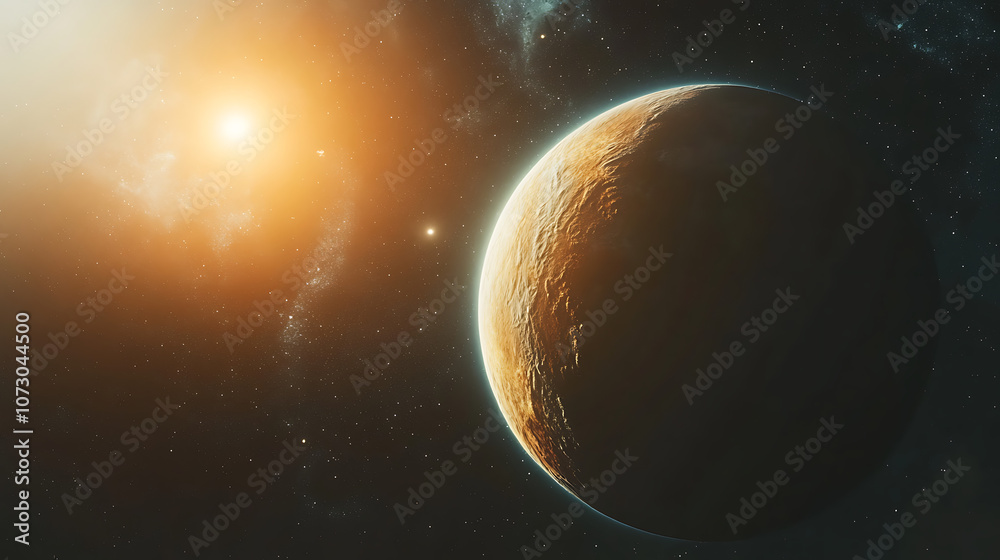A planet with a sun in the background A planet with a sun in the background