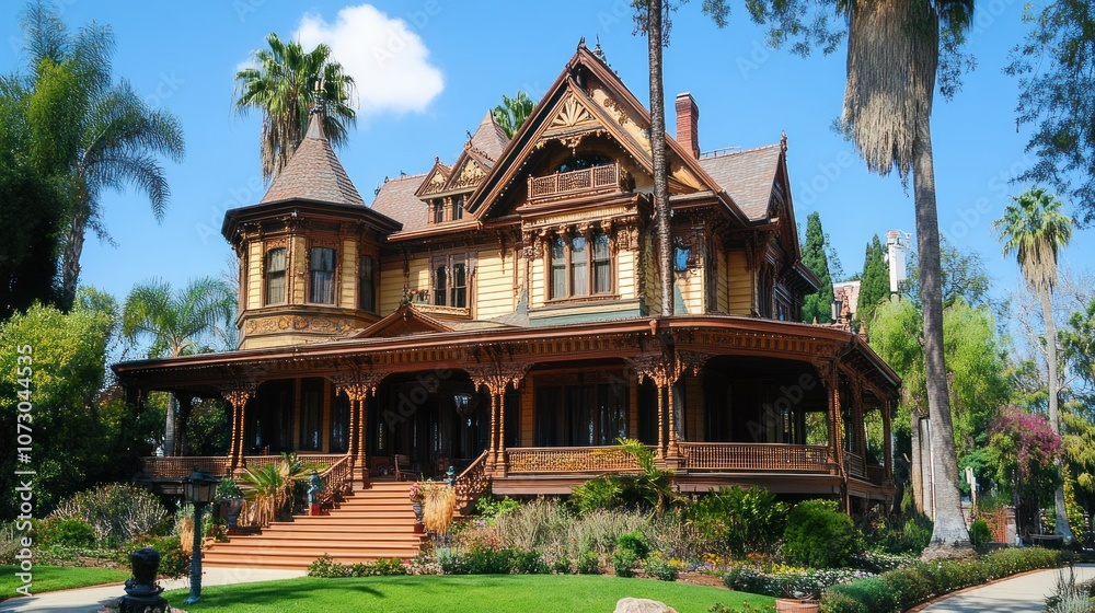 A grand Victorian-era mansion with intricate wooden details, a wraparound porch, and a manicured lawn. A grand Victorian-era mansion with intricate wooden details, a wraparound porch, and a manicured lawn.