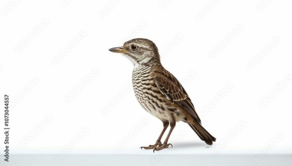 Fototapeta premium A small bird standing on a reflective surface against a white background. The bird's detailed plumage and sharp eye make it visually striking. AI generated. 