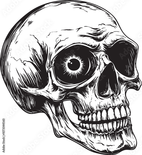 Vector illustration of a skull with a single illuminated eye, featuring bold lines and intricate detail, perfect for tattoo designs, Halloween themes, and horror artwork