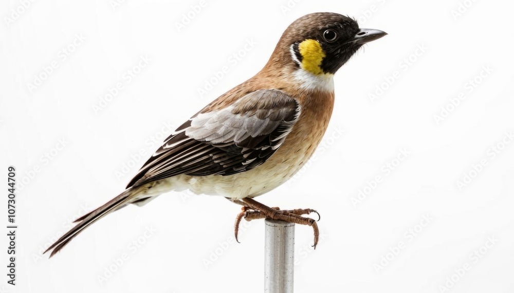 Fototapeta premium A small bird standing on a reflective surface against a white background. The bird's detailed plumage and sharp eye make it visually striking. AI generated. 