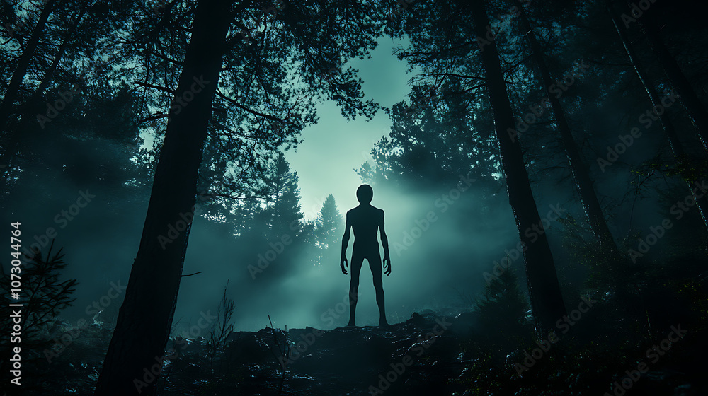 A man stands in a forest at night, looking into the distance A man stands in a forest at night, looking into the distance