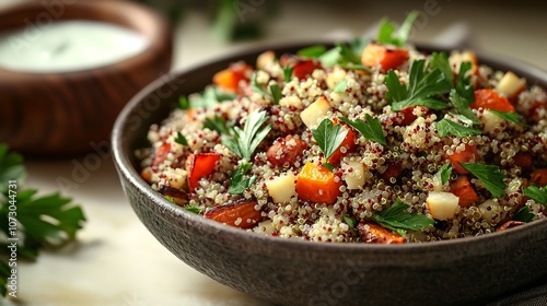 Wholesome Dairy-Free Quinoa Salad with Roasted Vegetables and Tangy Yogurt Dressing