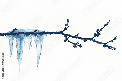 Melting Icicle on Minimalist Branch in Watercolor