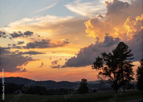 Captivating Twilight Sky with Pastel Yellow and Orange Tones, Soft Clouds, and a Vibrant Colorful Sunset Silhouette Photography for Serene Nature Lovers photo