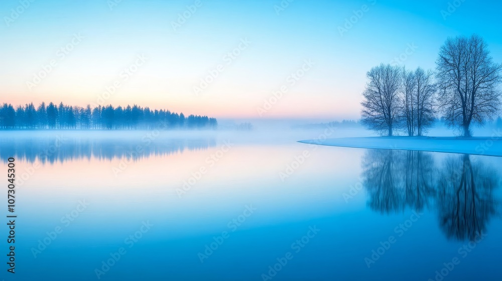 Misty morning lake with cold blue ambient light, tranquil and serene winter atmosphere Misty morning lake with cold blue ambient light, tranquil and serene winter atmosphere