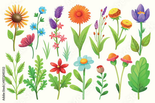 Collection of wildflowers, set, clipart, design game asset sprite sheet, aquarelle illustration, of hand drawn plants, leaves, flowers. Silhouettes of natural elements for seasonal backgrounds, and ve