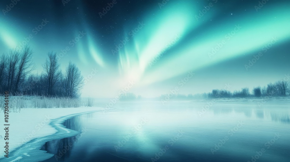 Northern lights casting ambient cold glow over a frozen lake, serene winter night, ethereal atmosphere Northern lights casting ambient cold glow over a frozen lake, serene winter night, ethereal atmosphere