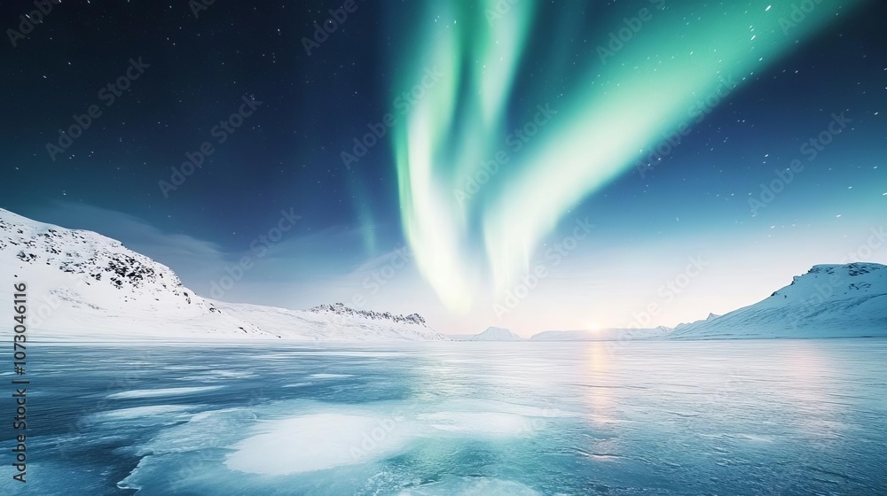 Northern lights casting ambient cold glow over a frozen lake, serene winter night, ethereal atmosphere Northern lights casting ambient cold glow over a frozen lake, serene winter night, ethereal atmosphere