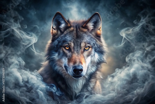 Captivating Wolf's Gaze in Enigmatic Smoke: A Powerful Moment Captured with the Rule of Thirds for Nature Enthusiasts and Wildlife Photography Lovers