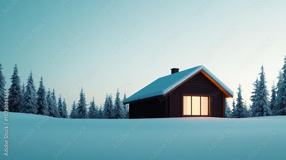 Snow-covered cabin at dusk with pale blue light, cold ambient glow, peaceful winter night mood Snow-covered cabin at dusk with pale blue light, cold ambient glow, peaceful winter night mood