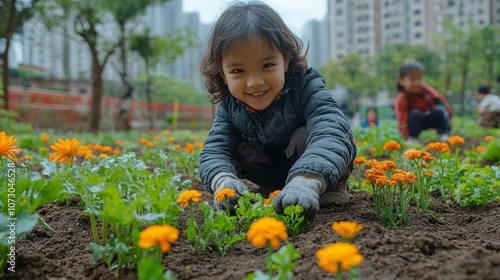 Little Gardener's Joy: A young girl, radiating pure joy, tends to a vibrant field of marigolds, her smile capturing the essence of childhood wonder and connection with nature. photo