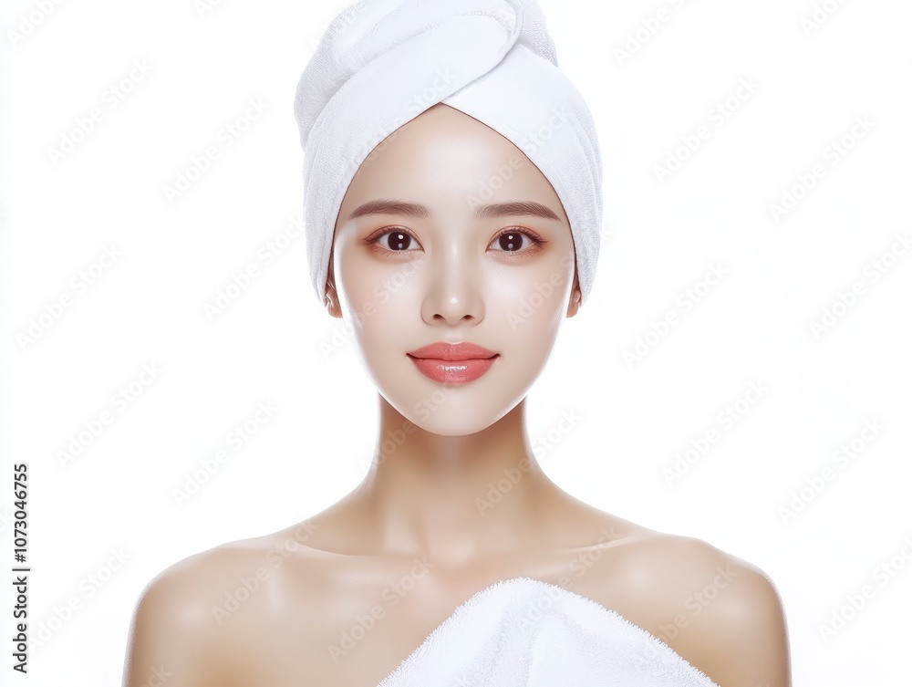 Serene woman in white towel, embracing wellness, beauty, and relaxation