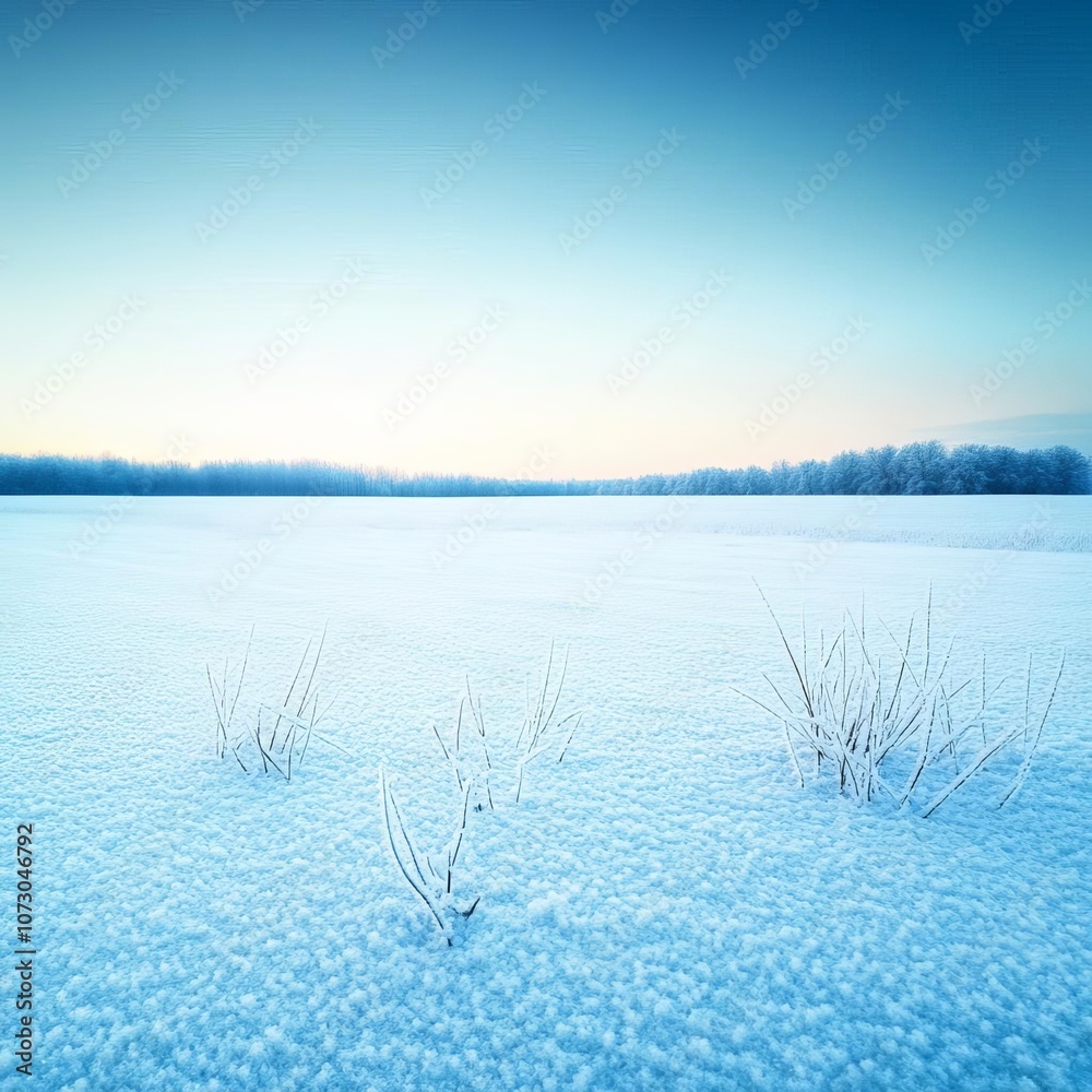 Snow-covered field with a cold blue glow, ambient lighting, serene and tranquil morning scene Snow-covered field with a cold blue glow, ambient lighting, serene and tranquil morning scene