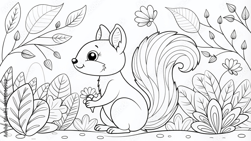 Fototapeta premium Charming Cartoon Squirrel Coloring Book Page - Black and White Illustration Perfect for Kids and Adults to Enjoy Creative Coloring Time with a Playful Little Squirrel Character