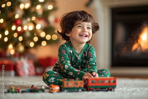 Child plays with toy train by Christmas tree photo