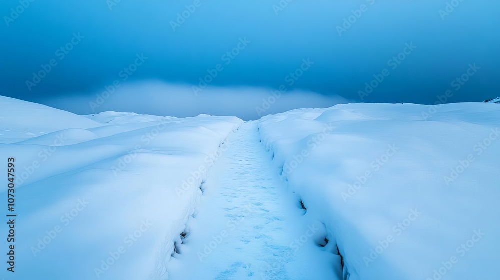 Fototapeta premium Snow-covered pathway illuminated by a pale blue glow, ambient cold fog rising from the ground, quiet winter night