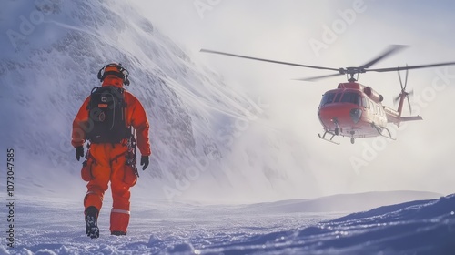 A rescue worker in bright orange gear approaches a helicopter on a snowy mountain, capturing the intensity and urgency of mountain rescue operations photo