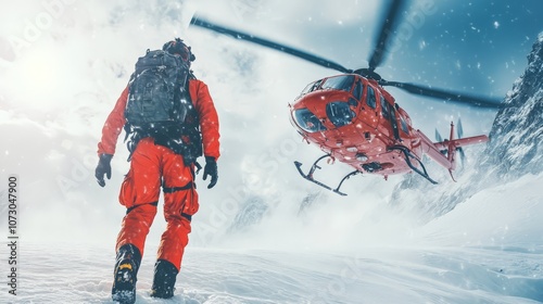 A rescue worker in bright orange gear approaches a helicopter on a snowy mountain, capturing the intensity and urgency of mountain rescue operations photo