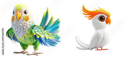 Cute Cartoon Parrots Bird Green Yellow Blue White Orange Feathers on transparent background