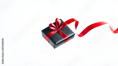 a shiny premium present box wrapped in black paper, with red ribbon floating in the air isolated on white photo