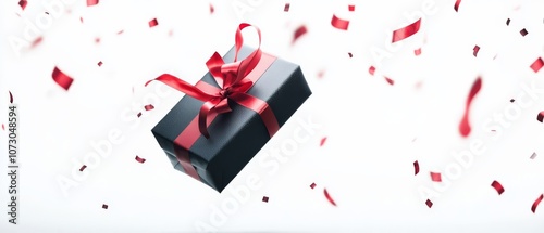 a shiny premium present box wrapped in black paper, with red ribbon floating in the air isolated on white photo