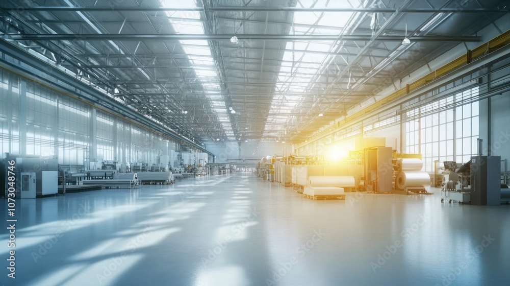 Expansive interior view of a roofing factory, top-level production line carrying metal roofing sheets through a rolling and coating process.