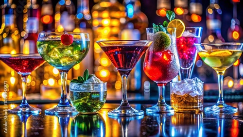 Close-Up Macro Photography of Vibrant Alcoholic Beverages in a Bar Setting, Showcasing Colorful Cocktails, Glassware, and Garnishes for an Inviting Atmosphere