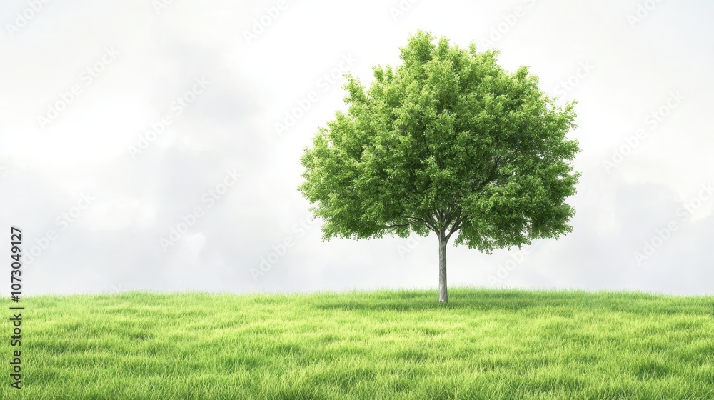 Majestic tree stands alone on verdant hill beneath cloudy sky, serene landscape Majestic tree stands alone on verdant hill beneath cloudy sky, serene landscape