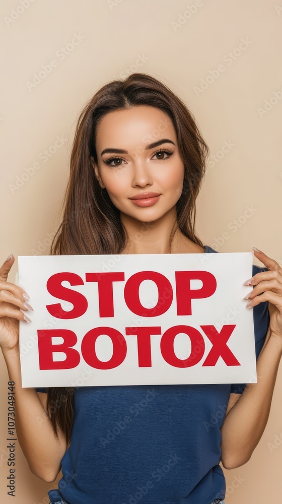 Empowering Natural Beauty: A radiant young woman holds a sign advocating for natural beauty, championing a message of self-acceptance. Empowering Natural Beauty: A radiant young woman holds a sign advocating for natural beauty, championing a message of self-acceptance.