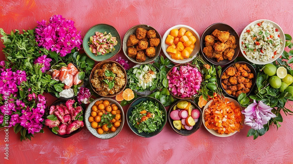A vibrant spread of colorful dishes and fresh herbs, accompanied by decorative flowers, showcasing a feast of flavors and textures. A vibrant spread of colorful dishes and fresh herbs, accompanied by decorative flowers, showcasing a feast of flavors and textures.