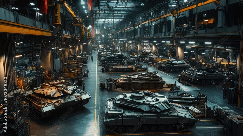 Expansive shot of a tank assembly line, with armored vehicle chassis in various stages of assembly, from frame construction to weapon system installation. Expansive shot of a tank assembly line, with armored vehicle chassis in various stages of assembly, from frame construction to weapon system installation.