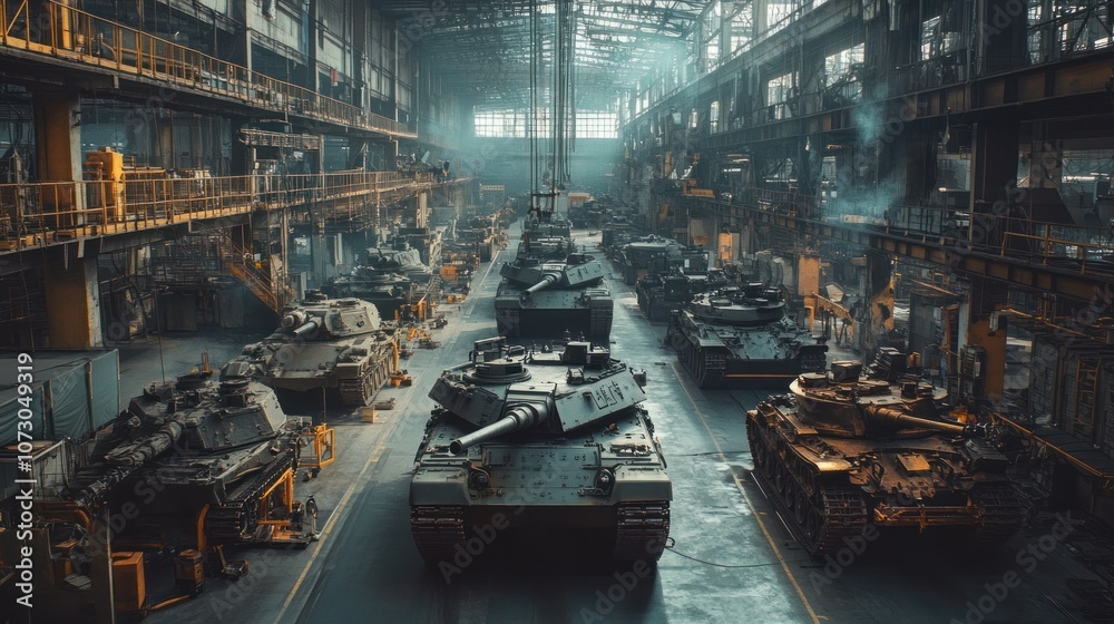 Expansive shot of a tank assembly line, with armored vehicle chassis in various stages of assembly, from frame construction to weapon system installation. Expansive shot of a tank assembly line, with armored vehicle chassis in various stages of assembly, from frame construction to weapon system installation.