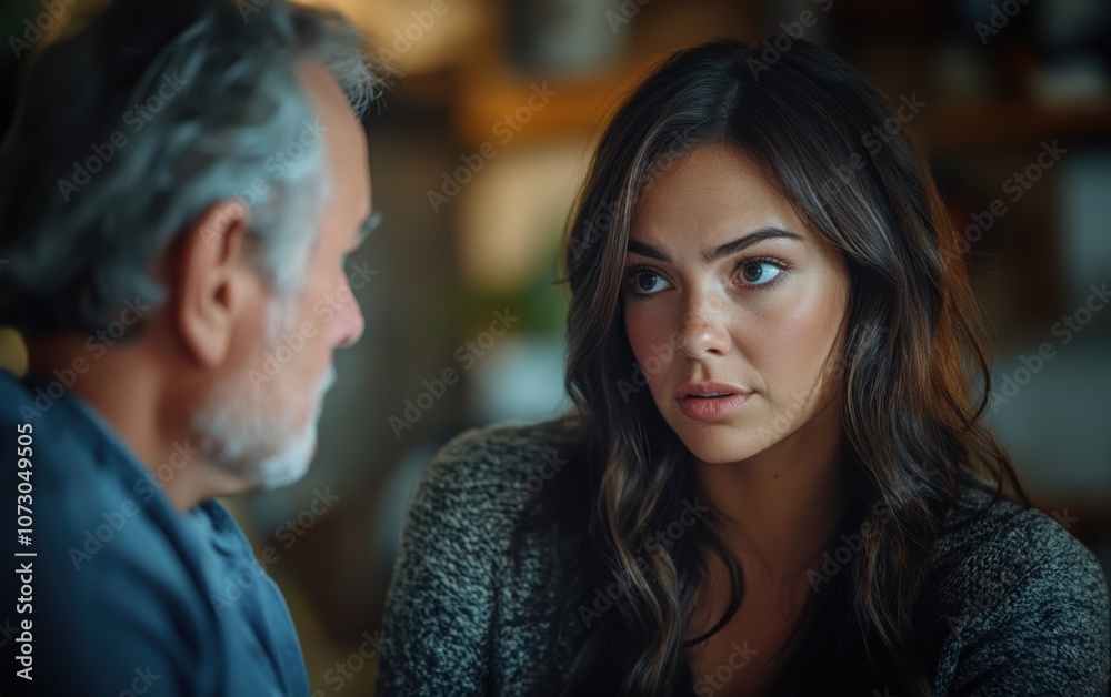 A heartfelt conversation unfolds between a father and his adult daughter, their expressions revealing a poignant moment of shared understanding and connection. A heartfelt conversation unfolds between a father and his adult daughter, their expressions revealing a poignant moment of shared understanding and connection.