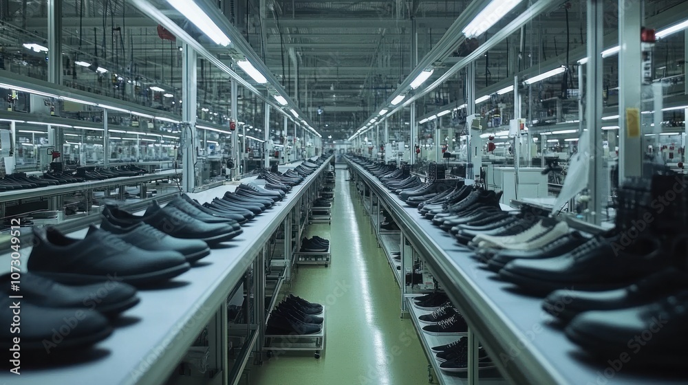 Expansive view inside a shoe production factory, top-level assembly line with stations for cutting, stitching, assembling soles, and quality inspection. Expansive view inside a shoe production factory, top-level assembly line with stations for cutting, stitching, assembling soles, and quality inspection.