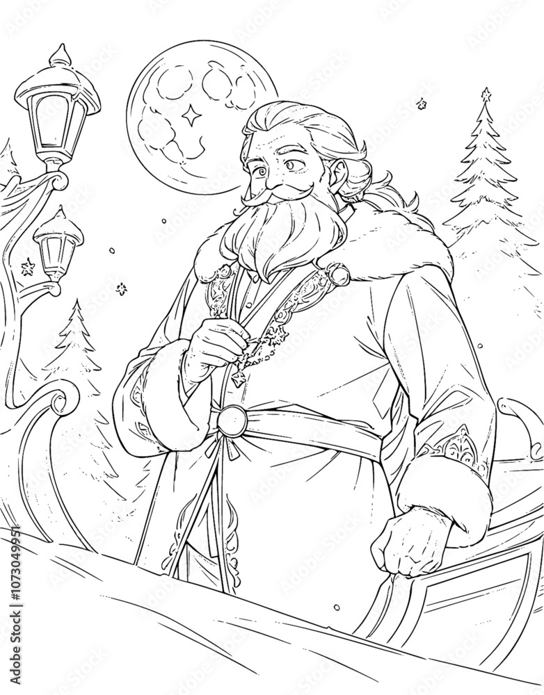 Obraz premium Christmas Santa with a beard is standing in front of a Christmas tree. Coloring page for children.
