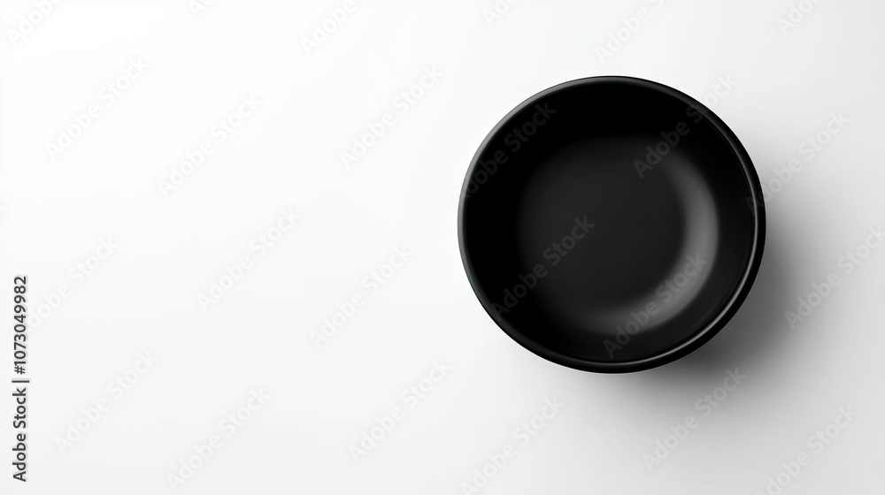 High-angle shot of a simple black bowl on a white background, emphasizing its smooth edges and contemporary design for product or tableware photography High-angle shot of a simple black bowl on a white background, emphasizing its smooth edges and contemporary design for product or tableware photography