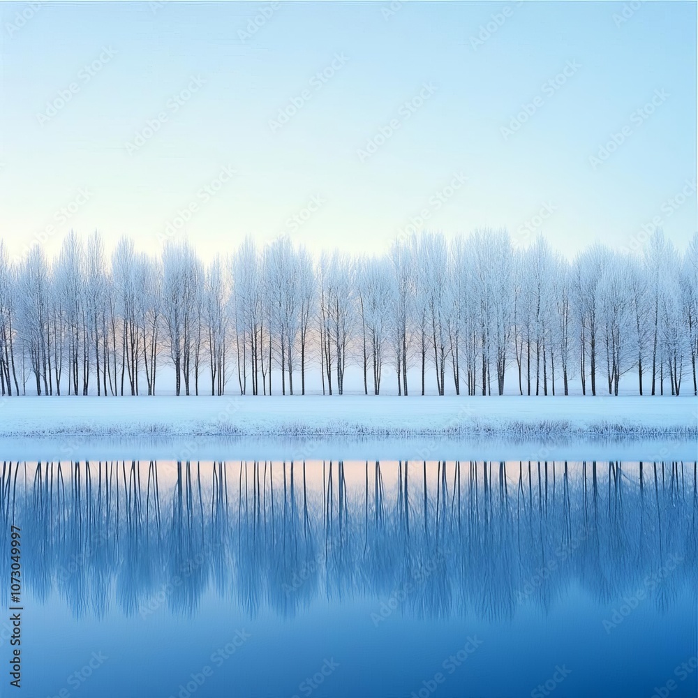 Winter sunrise with cold blue ambient light, frost-covered trees reflecting the light, peaceful morning scene Winter sunrise with cold blue ambient light, frost-covered trees reflecting the light, peaceful morning scene