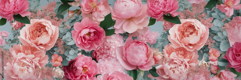 Modern floral pattern with roses and peonies in blush pink layered with pastel foliage Modern floral pattern with roses and peonies in blush pink layered with pastel foliage
